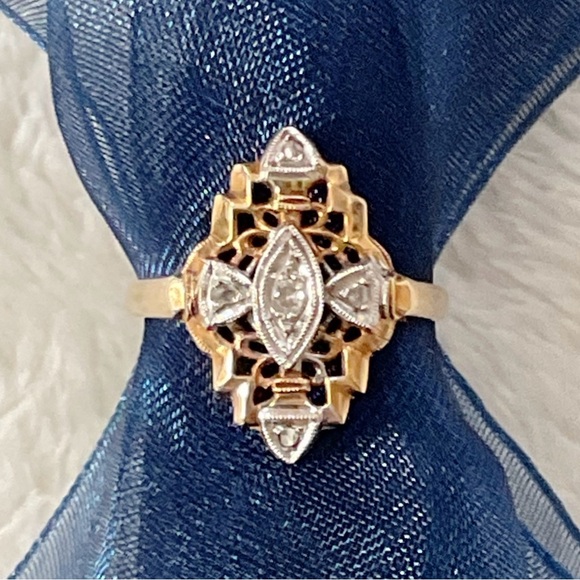 Vintage 14K Solid Gold Filigree Diamond Navette Ring Art Deco Revival Signed